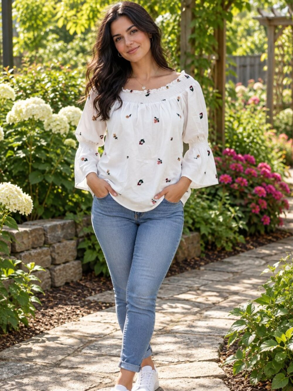 Off-Shoulder Floral Embroidered Blouse - MEDIUM